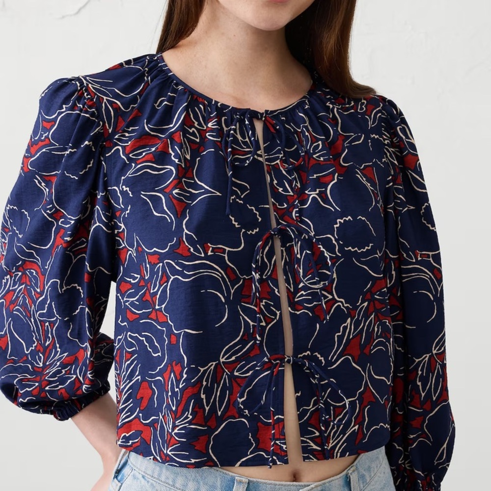 Banana Republic Factory Open Tie-Front Blouse Small Floral Blue/Red Cropped